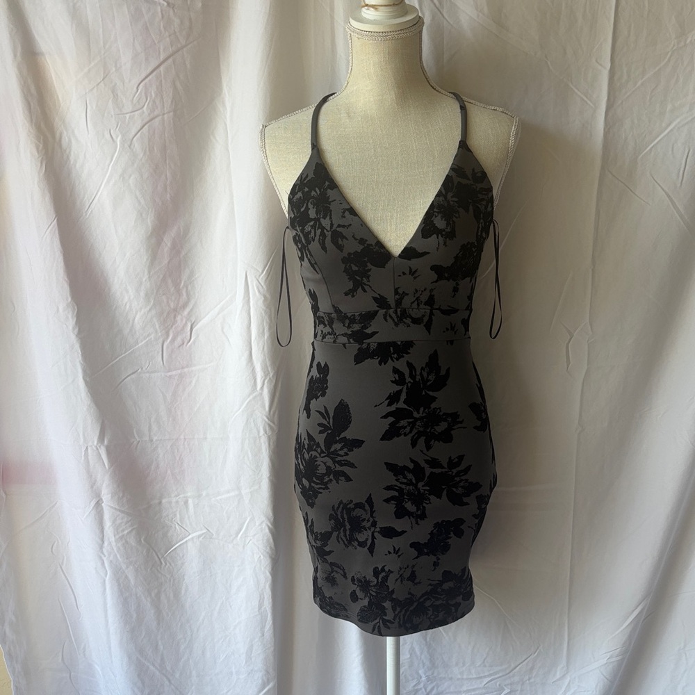 Grey and black velvet floral cocktail dress